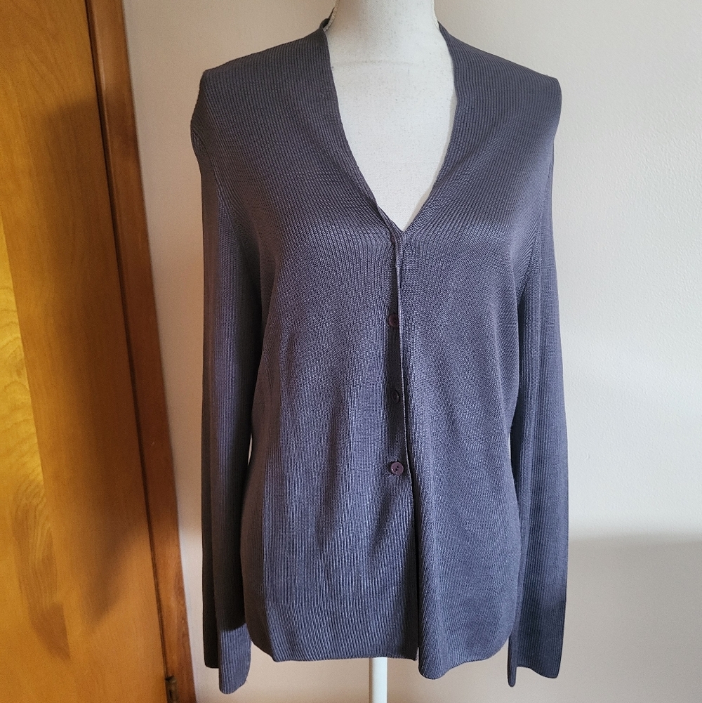 Linda Allard Ellen Tracy Silk V-Neck Cardigan Purple-Gray Petite Large